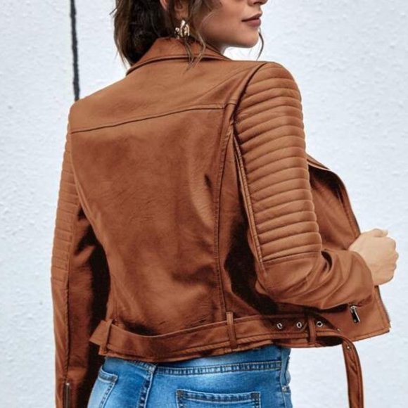 Faux eather zipper biker motorcycle jacket camel - Picture 4 of 9